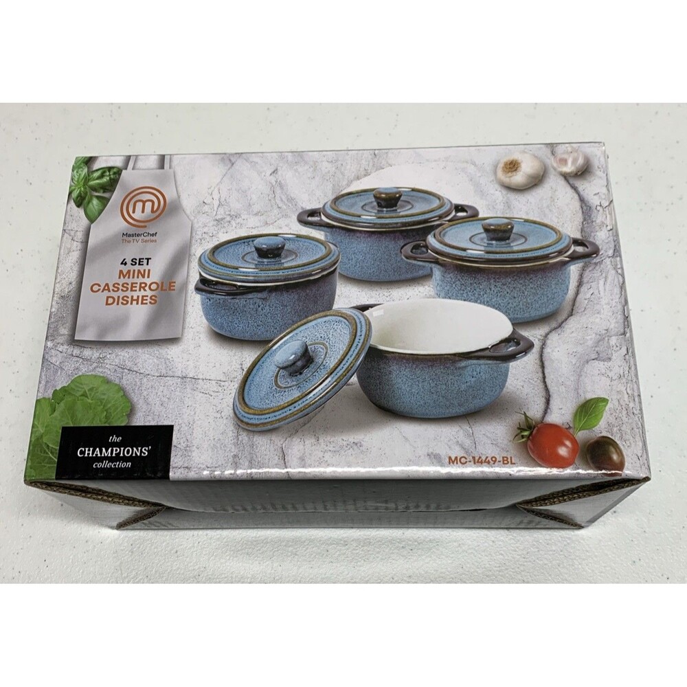 Set of 4 mini casserole ramekin w/ lids Master Chef baking dishes bowls blue